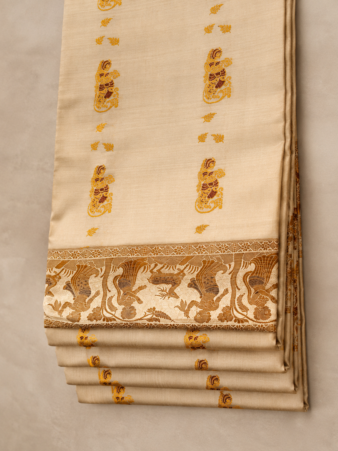 Sharad: Ivory Baluchari with Golden Elephant Butti