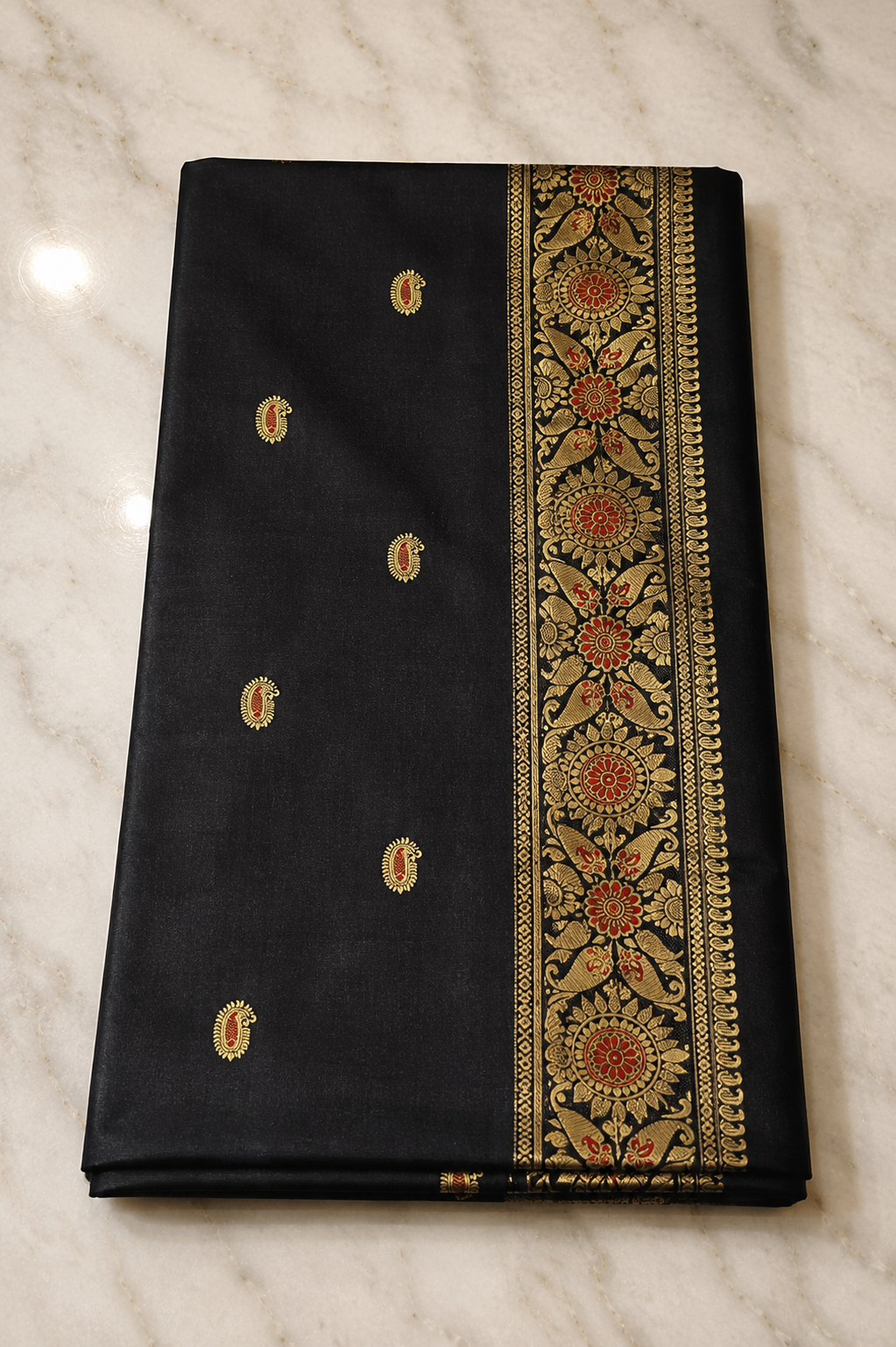 Krishnakaali: Black Minakari Revival Baluchari with Sunflower Border