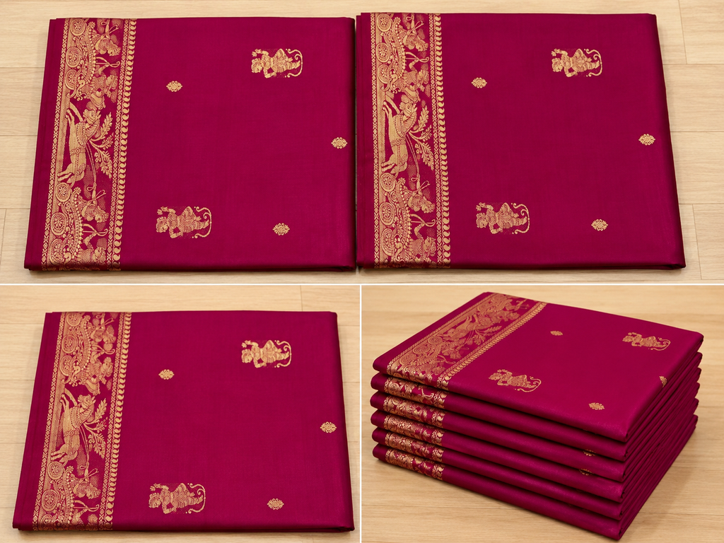 Alta: Rani Pink Baluchari with Gold Butti and Chariot Border