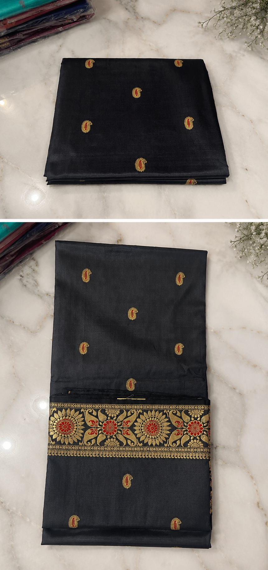 Krishnakaali: Black Minakari Revival Baluchari with Sunflower Border