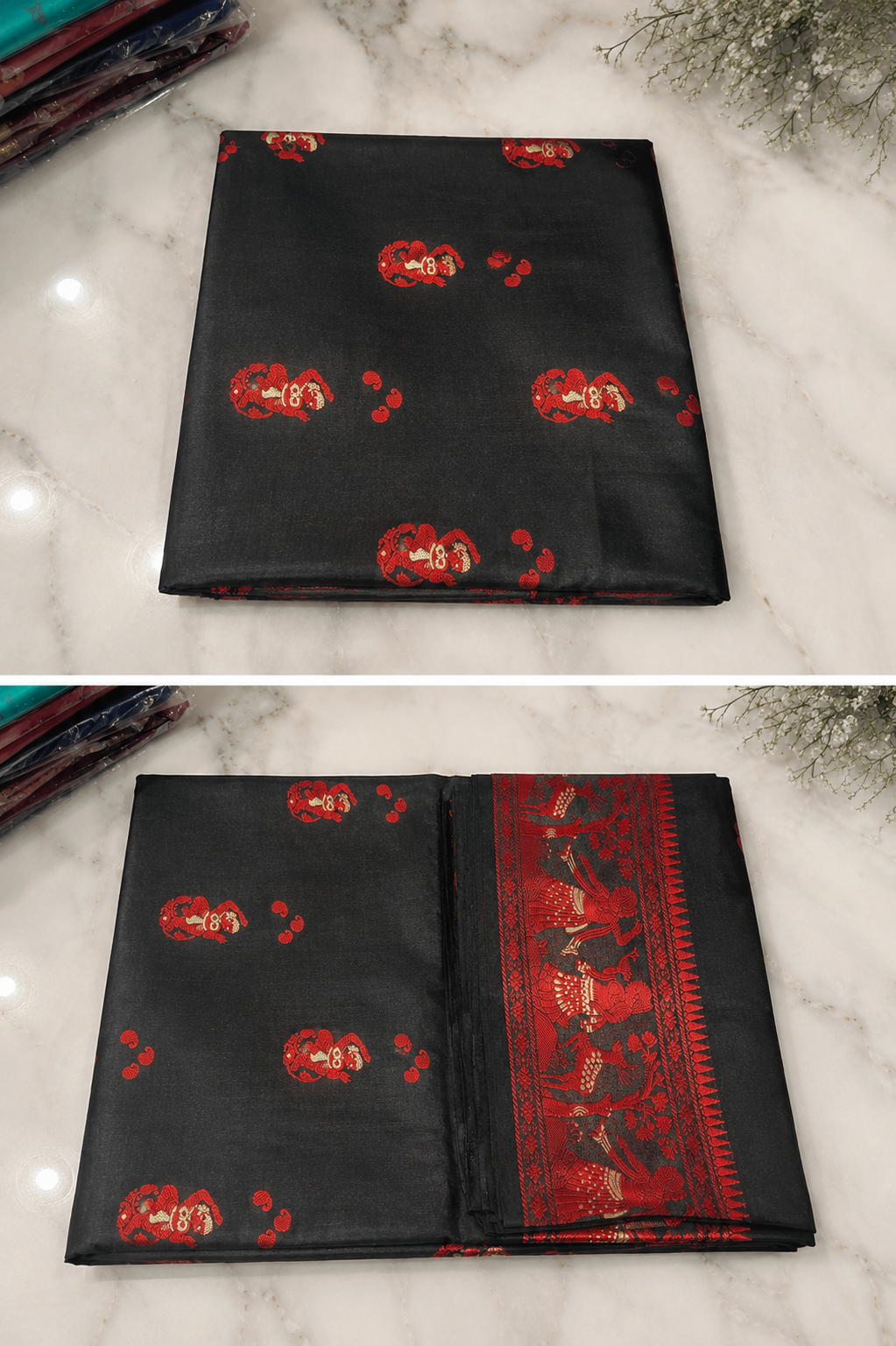 Jwalamalini: Black Baluchari with Crimson Mythological Butti